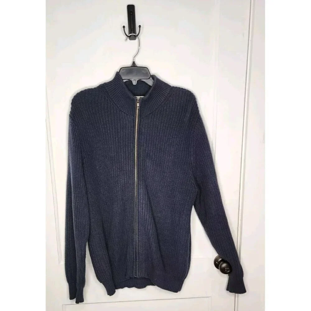 LL BEAN Full Zip Sweater Men’s Large Blue Ribbed Cotton Banded Sleeves 0 FHT4